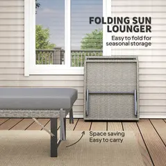 Outsunny Single Folding Rattan Sun Lounger, with Cushion - Grey - 4