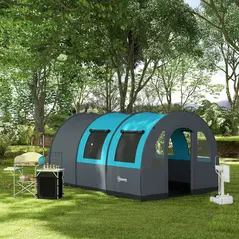 Outsunny Six Man Duo Room Tunnel Tent, with Accessories - Grey/Blue - 9