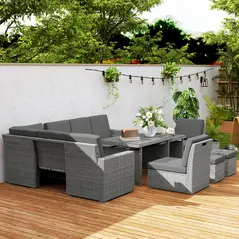 Outsunny Seven-Piece Rattan Garden Sofa Set, with Expanding Table - Light Grey - 9