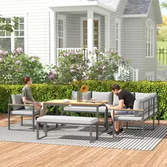 Outsunny Six Piece L Shaped Garden Furniture Set with 3 Loveseats - Natural Wood Finish - 2