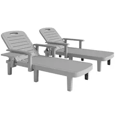 Outsunny Set of 2 Resin Reclining Sun Loungers for Garden, 5 Positions Adjustable Outdoor Chaise Lounge Chairs with Wood Texture Surface, Armrests, Foldable Side Table for Garden, Beach, Light Grey - 1