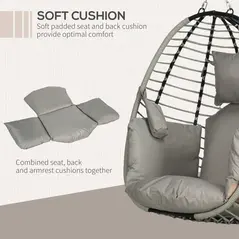 Outsunny Single Rattan Hanging Egg Chair, with Seat Cushion - Grey - 6