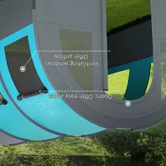 Outsunny Six Man Duo Room Tunnel Tent, with Accessories - Grey/Blue - 6