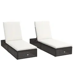 Outsunny Set of Two Rattan Sun Loungers, with Reclining Backs - Brown/Cream - 1