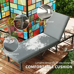 Outsunny Single Folding Rattan Sun Lounger, with Cushion - Grey - 7