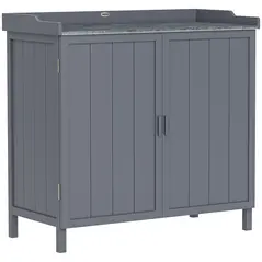 Outsunny Wood Garden Storage Cabinet, Outdoor Tool Shed, Potting Bench Table with Galvanized Top and Two Shelves for Yard Tools or Pool Accessories, Grey - 1