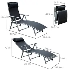 Outsunny Sun Lounger Steel Frame Outdoor Folding Chaise Texteline Lounge Chair Recliner with Headrest & 7 Levels Adjustable Backrest, Black - 3