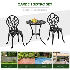 Outsunny Three-Piece Aluminium Floral Bistro Garden Set - Black - 7