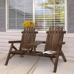 Outsunny Wood Patio Chair Bench 2 Seats Jack and Jill Seat w/ Center Coffee Table, Garden Bench, Carbonized - 2