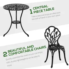 Outsunny Three-Piece Aluminium Floral Bistro Garden Set - Black - 4