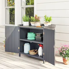 Outsunny Wood Garden Storage Cabinet, Outdoor Tool Shed, Potting Bench Table with Galvanized Top and Two Shelves for Yard Tools or Pool Accessories, Grey - 7