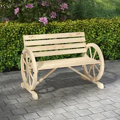 Outsunny Wagon Wheel Chair Bench Armrest Rustic Loveseat Wood Outdoor Garden, Natural - 2