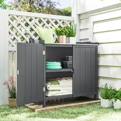 Outsunny Wood Garden Storage Cabinet, Outdoor Tool Shed, Potting Bench Table with Galvanized Top and Two Shelves for Yard Tools or Pool Accessories, Grey - 9