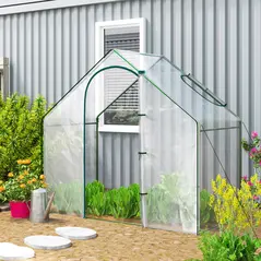 Outsunny Walk In Tomato Greenhouse Garden Outdoor Mini Greenhouse Flower Planter Steel Frame with Zipped Door & Window, PVC Cover, 180 x 100 x 168CM, Clear - 8