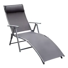 Outsunny Sun Lounger Steel Frame Outdoor Folding Chaise Texteline Lounge Chair Recliner with Headrest & 7 Levels Adjustable Backrest, Grey - 1