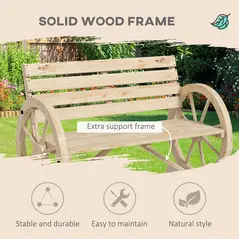 Outsunny Wagon Wheel Chair Bench Armrest Rustic Loveseat Wood Outdoor Garden, Natural - 4