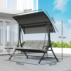 Outsunny Three-Seater Garden Swing, with Adjustable Canopy - Black/Grey - 3