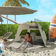 Outsunny Three-Man UPF15+ Beach Tent, with Extended Floor - Green - 2