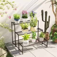 Outsunny Three-Tier Metal Plant Shelf - Black - 9