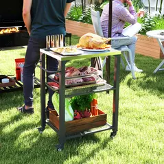 Outsunny Three-Shelf Outdoor Grill Cart with Stainless Steel Top, Outdoor Kitchen Island with 4 Wheels, 3 Hooks, Movable Food Prep Barbecue Pizza Oven Table for Kitchen, Garden, 65.5 x 41 x 79 cm - 2