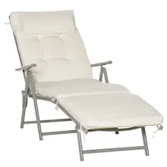 Outsunny Sun Lounger Steel Frame Outdoor Folding Chaise Texteline Lounge Chair Recliner with Headrest & 7 Levels Adjustable Backrest, Cream White - 1