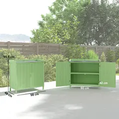 Outsunny Wood Garden Storage Cabinet, Outdoor Tool Shed, Potting Bench Table with galvanised Top and Two Shelves for garden Tools or Pool Accessories, Green - 3