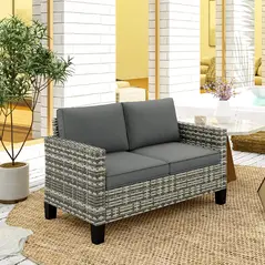 Outsunny Two-Seater Rattan Outdoor Sofa - Light Grey - 8