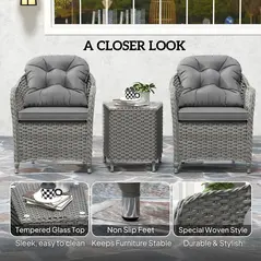 Outsunny Three-Piece Super Padded Rattan Set - Light Grey - 6
