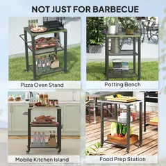 Outsunny Three-Shelf Outdoor Grill Cart with Stainless Steel Top, Outdoor Kitchen Island with 4 Wheels, 3 Hooks, Movable Food Prep Barbecue Pizza Oven Table for Kitchen, Garden, 65.5 x 41 x 79 cm - 7