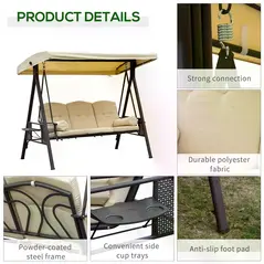 Outsunny Swing Chair Hammock Chair 3 Seater Canopy Cushion Shelter Outdoor Bench Steel Beige - 6