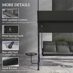 Outsunny Three-Seater Garden Swing, with Adjustable Canopy - Black/Grey - 6