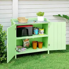 Outsunny Wood Garden Storage Cabinet, Outdoor Tool Shed, Potting Bench Table with galvanised Top and Two Shelves for garden Tools or Pool Accessories, Green - 9