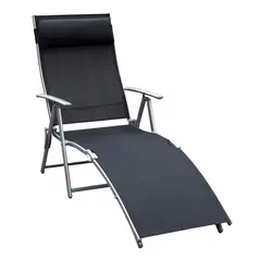 Outsunny Sun Lounger Steel Frame Outdoor Folding Chaise Texteline Lounge Chair Recliner with Headrest & 7 Levels Adjustable Backrest, Black - 1