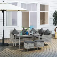 Outsunny tsunny 6-Seater Rattan Dining Set Sofa Table Footstool Outdoor w/ Cushion Garden Furniture, Dark Grey - 2