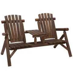 Outsunny Wood Patio Chair Bench 2 Seats Jack and Jill Seat w/ Center Coffee Table, Garden Bench, Carbonized - 1