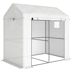 Outsunny Walk-in Greenhouse, Outdoor Tomato Greenhouse with Roll-up Door and Mesh Windows, PE Cover, 200 x 140 x 200cm, White - 1