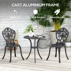 Outsunny Three-Piece Aluminium Floral Bistro Set - Black - 5