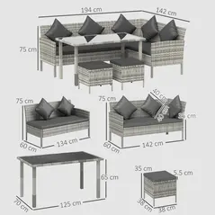 Outsunny tsunny 6-Seater Rattan Dining Set Sofa Table Footstool Outdoor w/ Cushion Garden Furniture, Dark Grey - 3