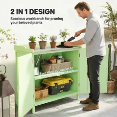 Outsunny Wood Garden Storage Cabinet, Outdoor Tool Shed, Potting Bench Table with galvanised Top and Two Shelves for garden Tools or Pool Accessories, Green - 4