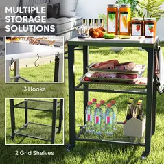 Outsunny Three-Shelf Outdoor Grill Cart with Stainless Steel Top, Outdoor Kitchen Island with 4 Wheels, 3 Hooks, Movable Food Prep Barbecue Pizza Oven Table for Kitchen, Garden, 65.5 x 41 x 79 cm - 5
