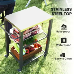 Outsunny Three-Shelf Outdoor Grill Cart with Stainless Steel Top, Outdoor Kitchen Island with 4 Wheels, 3 Hooks, Movable Food Prep Barbecue Pizza Oven Table for Kitchen, Garden, 65.5 x 41 x 79 cm - 4