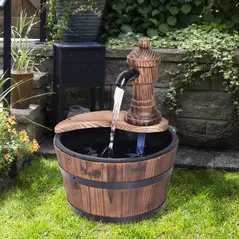 Outsunny Wood Barrel Patio Water Fountain Garden Decorative Ornament Water Feature with Electric Pump (Type A) - 2