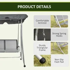 Outsunny Three Person Steel Outdoor Porch Swing Chair Bench w/ Canopy Cover Grey - 6
