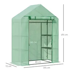 Outsunny Walk In Greenhouse with Shelves, Portable Gardening Plant Grow House for Outdoor with 2 Tier Shelf, Roll-Up Zippered Door, PE Cover, 141 x 72 x 191cm, Green - 3
