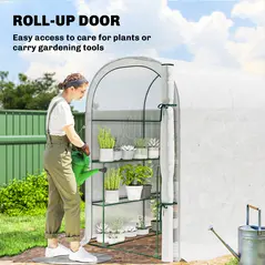 Outsunny Walk-in Greenhouse with Shelves, Small Greenhouse with PE Cover and Roll-up Door, 123 x 187 x 189 cm, White - 6