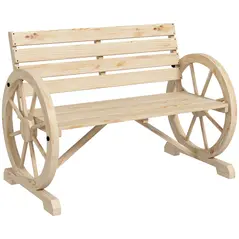 Outsunny Wagon Wheel Chair Bench Armrest Rustic Loveseat Wood Outdoor Garden, Natural - 1