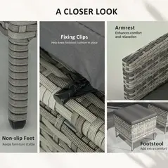 Outsunny tsunny 6-Seater Rattan Dining Set Sofa Table Footstool Outdoor w/ Cushion Garden Furniture, Dark Grey - 7