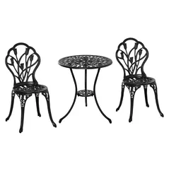 Outsunny Three-Piece Aluminium Floral Bistro Garden Set - Black - 1