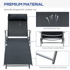 Outsunny Sun Lounger Steel Frame Outdoor Folding Chaise Texteline Lounge Chair Recliner with Headrest & 7 Levels Adjustable Backrest, Black - 7