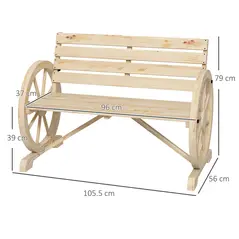 Outsunny Wagon Wheel Chair Bench Armrest Rustic Loveseat Wood Outdoor Garden, Natural - 3